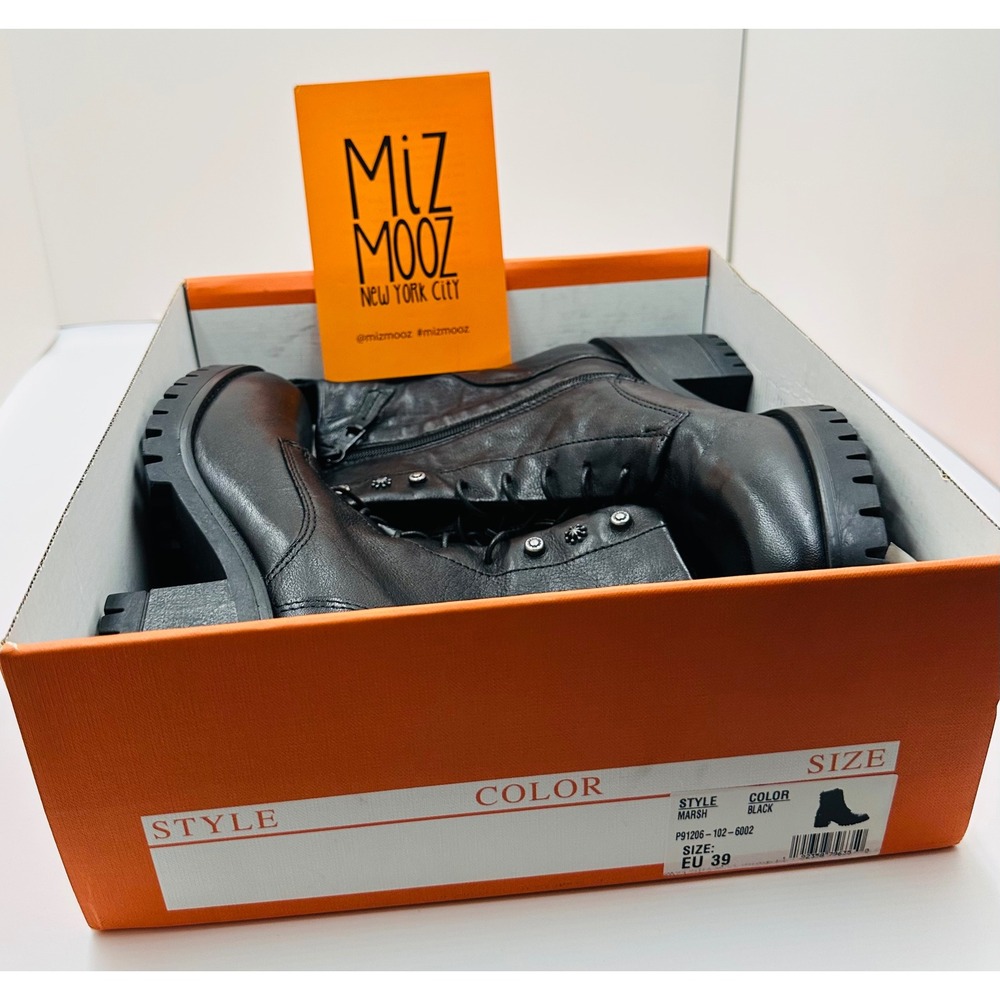 Miz Mooz Marsh Black Leather Lace Up Side Zip Lug Sole Combat Boots EU 39 US 8.5